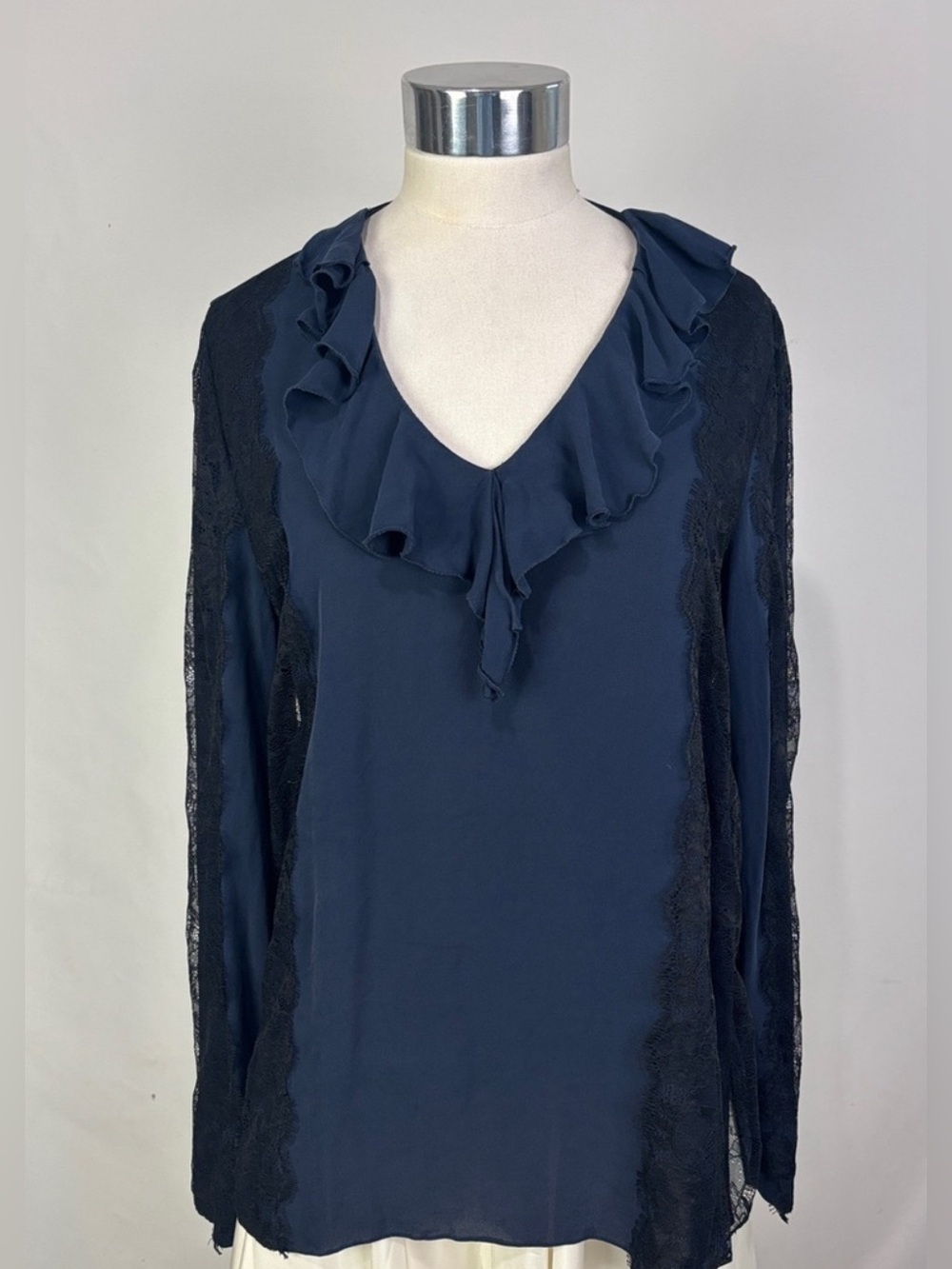 KOBI HALPERIN BLUE SILK RUFFLE TRIM LACE TOP